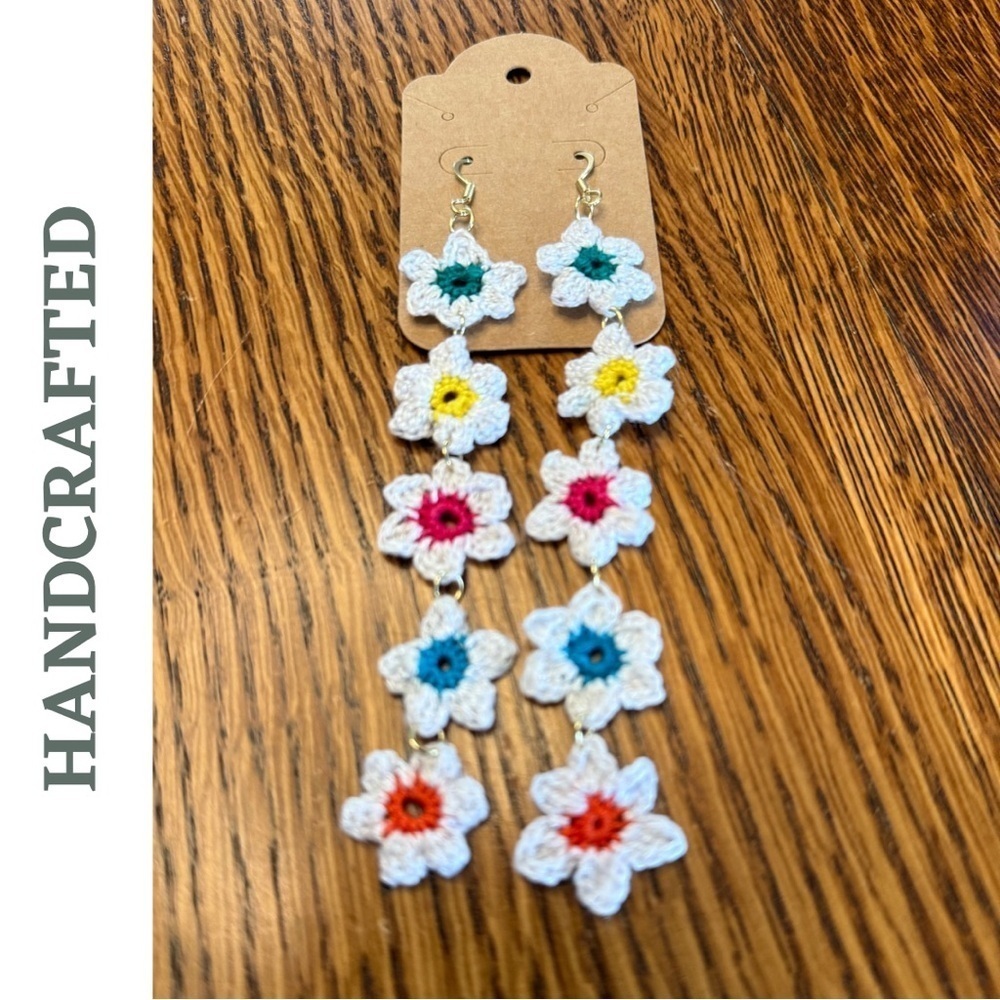 Handcrafted Crochet Daisy Dangle Earrings | Multicolor Boho Style | Whitr Multi